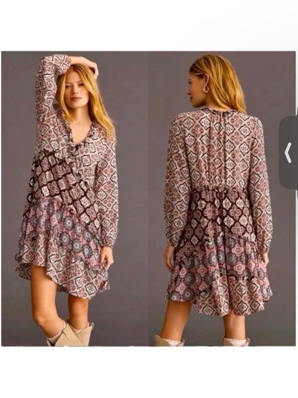 Anthropologie Printed Boho Tiered Long-Sleeve Mini Dress - Pink & Brown